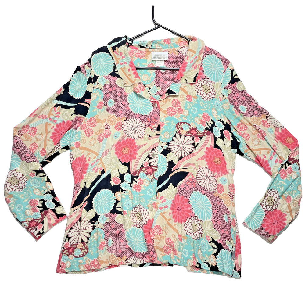 Zoe Floral Button Blouse Large Pink Teal Lace Back Boho Cottagecore USA